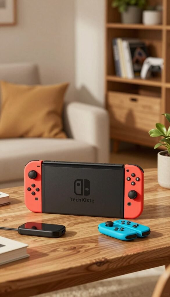 A Nintendo Switch setup displayed on a stylish wooden desk, featuring the console in the foreground with Joy-Cons attached in vibrant red and blue colors. Beside it, neatly arranged accessories including a charging dock and colorful silicone grips for the Joy-Cons. In the middle ground, a soft-focus background reveals a cozy living room atmosphere, with warm lighting casting gentle shadows, and a comfortable couch adorned with cushions. A rustic bookshelf can be glimpsed, filled with gaming-related items and plants. The overall mood is inviting and playful, reflecting a casual gaming lifestyle. The image aligns with the brand "TechKiste", evoking a sense of authenticity with natural imagery and warm tones, free of any text or branding overlays. A Nintendo Switch setup displayed on a stylish wooden desk, featuring the console in the foreground with Joy-Cons attached in vibrant red and blue colors. Beside it, neatly arranged accessories including a charging dock and colorful silicone grips for the Joy-Cons. In the middle ground, a soft-focus background reveals a cozy living room atmosphere, with warm lighting casting gentle shadows, and a comfortable couch adorned with cushions. A rustic bookshelf can be glimpsed, filled with gaming-related items and plants. The overall mood is inviting and playful, reflecting a casual gaming lifestyle. The image aligns with the brand "TechKiste", evoking a sense of authenticity with natural imagery and warm tones, free of any text or branding overlays.