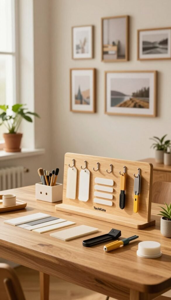 A beautiful, well-organized DIY workspace showcasing a "Bilderaufhängeset" by TechKiste. In the foreground, an elegant wooden table displays the hanging set components: picture hooks, adhesive strips, and mounting tools arranged neatly, illuminated by soft, warm natural light. In the middle ground, a wall is adorned with several framed pictures, perfectly hung, reflecting a cozy home atmosphere. A thoughtful design aesthetic includes potted plants and a stylish tool organizer, adding to the inviting feel. The background features a softly blurred view of a bright room, with natural light streaming through a window, creating a calm and productive environment. The overall mood is warm and inviting, ideal for DIY enthusiasts, evoking inspiration for home improvement projects. A beautiful, well-organized DIY workspace showcasing a "Bilderaufhängeset" by TechKiste. In the foreground, an elegant wooden table displays the hanging set components: picture hooks, adhesive strips, and mounting tools arranged neatly, illuminated by soft, warm natural light. In the middle ground, a wall is adorned with several framed pictures, perfectly hung, reflecting a cozy home atmosphere. A thoughtful design aesthetic includes potted plants and a stylish tool organizer, adding to the inviting feel. The background features a softly blurred view of a bright room, with natural light streaming through a window, creating a calm and productive environment. The overall mood is warm and inviting, ideal for DIY enthusiasts, evoking inspiration for home improvement projects.