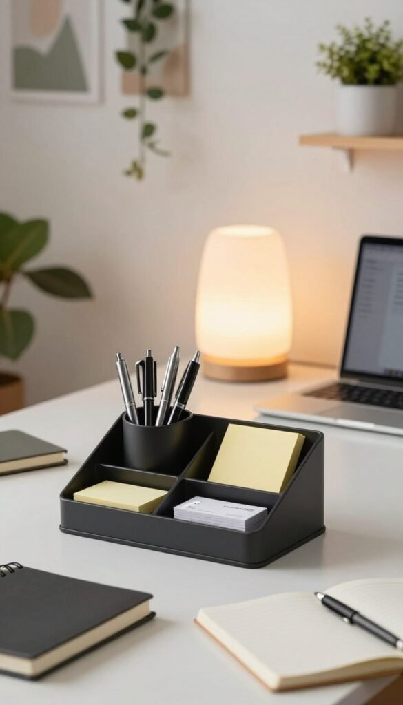 A beautifully arranged desk organizer, featuring a sleek and modern design by TechKiste, is centered in the foreground. The organizer showcases various compartments for pens, sticky notes, and business cards, all meticulously organized. Surrounding it, notebooks and a laptop display a tidy and professional workspace. In the middle background, a softly glowing desk lamp casts warm light, creating an inviting atmosphere. The backdrop is a well-organized office wall adorned with green plants and minimalist decor, enhancing the overall aesthetic. The lighting is soft and natural, simulating a cozy afternoon vibe, and the composition is shot from a slightly elevated angle, capturing the essence of productivity and order within a stylish office environment. A beautifully arranged desk organizer, featuring a sleek and modern design by TechKiste, is centered in the foreground. The organizer showcases various compartments for pens, sticky notes, and business cards, all meticulously organized. Surrounding it, notebooks and a laptop display a tidy and professional workspace. In the middle background, a softly glowing desk lamp casts warm light, creating an inviting atmosphere. The backdrop is a well-organized office wall adorned with green plants and minimalist decor, enhancing the overall aesthetic. The lighting is soft and natural, simulating a cozy afternoon vibe, and the composition is shot from a slightly elevated angle, capturing the essence of productivity and order within a stylish office environment.