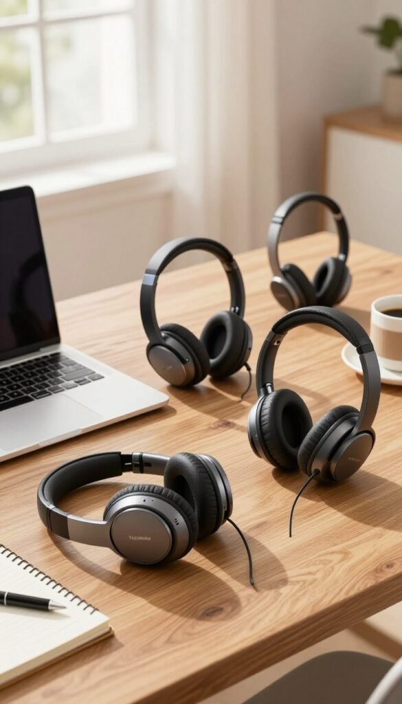 A beautifully arranged display of different types of headsets on a wooden desk, showcasing the variety in design and functionality. In the foreground, highlight a sleek over-ear headset next to a compact in-ear model and a versatile on-ear headset, all from the brand "TechKiste." The middle of the image features a modern laptop with a notepad and a coffee cup, suggesting a cozy home office environment. The background includes soft, diffused natural lighting streaming through a window, illuminating the scene with warm colors. The composition conveys a professional yet inviting atmosphere, focusing on the various headset types and their suitability for different users without any text or distractions in the image. A beautifully arranged display of different types of headsets on a wooden desk, showcasing the variety in design and functionality. In the foreground, highlight a sleek over-ear headset next to a compact in-ear model and a versatile on-ear headset, all from the brand "TechKiste." The middle of the image features a modern laptop with a notepad and a coffee cup, suggesting a cozy home office environment. The background includes soft, diffused natural lighting streaming through a window, illuminating the scene with warm colors. The composition conveys a professional yet inviting atmosphere, focusing on the various headset types and their suitability for different users without any text or distractions in the image.