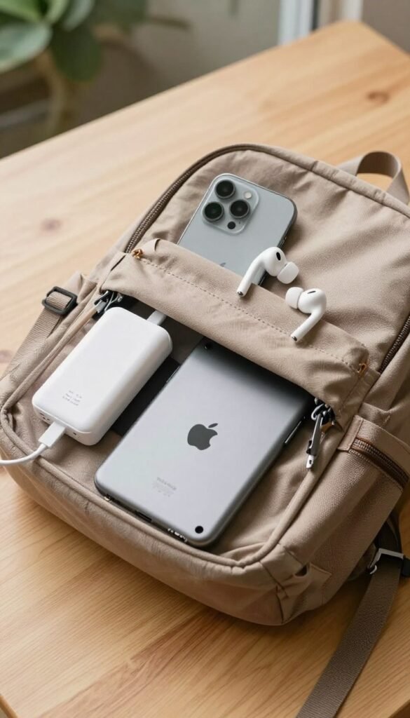 A beautifully arranged flat lay of a stylish smartphone backpack with various smart gadgets peeking out, like a portable charger, wireless earbuds, and a compact tablet. The materials of the backpack are textured, in earthy tones, harmonizing with a light wooden surface beneath. In the background, softly blurred greenery suggests an outdoor vibe, creating an inviting atmosphere. Warm, natural lighting enhances the colors, evoking a cozy, artistic feel reminiscent of Pinterest aesthetics. A subtle hint of the brand name "TechKiste" can be integrated onto a tag attached to the backpack. The composition emphasizes practicality and stylishness, conveying the essence of thoughtfully chosen gadgets. No text, captions, or watermarks. A beautifully arranged flat lay of a stylish smartphone backpack with various smart gadgets peeking out, like a portable charger, wireless earbuds, and a compact tablet. The materials of the backpack are textured, in earthy tones, harmonizing with a light wooden surface beneath. In the background, softly blurred greenery suggests an outdoor vibe, creating an inviting atmosphere. Warm, natural lighting enhances the colors, evoking a cozy, artistic feel reminiscent of Pinterest aesthetics. A subtle hint of the brand name "TechKiste" can be integrated onto a tag attached to the backpack. The composition emphasizes practicality and stylishness, conveying the essence of thoughtfully chosen gadgets. No text, captions, or watermarks.