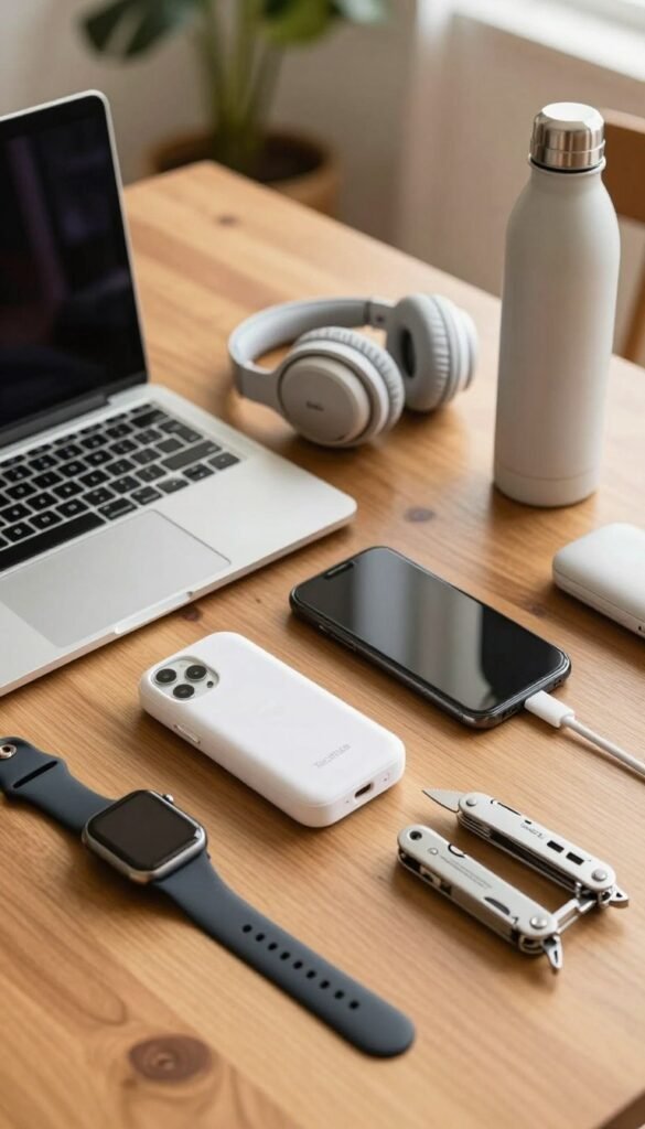 A beautifully arranged flat lay of practical gadgets on a wooden table, showcasing a variety of innovative products tailored for everyday scenarios. In the foreground, include a sleek smartwatch, portable phone charger, and a compact multi-tool, all set against a warm, natural wood surface. In the middle ground, feature a stylish laptop, wireless headphones, and an eco-friendly water bottle, blending seamlessly into the composition. In the background, softly blurred greenery and cozy lighting create an inviting atmosphere. The image should evoke a Pinterest-like aesthetic with warm colors and an authentic feel. Include the brand name "TechKiste" subtly integrated with the gadgets, ensuring no text overlays or signatures distract from the overall look. A beautifully arranged flat lay of practical gadgets on a wooden table, showcasing a variety of innovative products tailored for everyday scenarios. In the foreground, include a sleek smartwatch, portable phone charger, and a compact multi-tool, all set against a warm, natural wood surface. In the middle ground, feature a stylish laptop, wireless headphones, and an eco-friendly water bottle, blending seamlessly into the composition. In the background, softly blurred greenery and cozy lighting create an inviting atmosphere. The image should evoke a Pinterest-like aesthetic with warm colors and an authentic feel. Include the brand name "TechKiste" subtly integrated with the gadgets, ensuring no text overlays or signatures distract from the overall look.