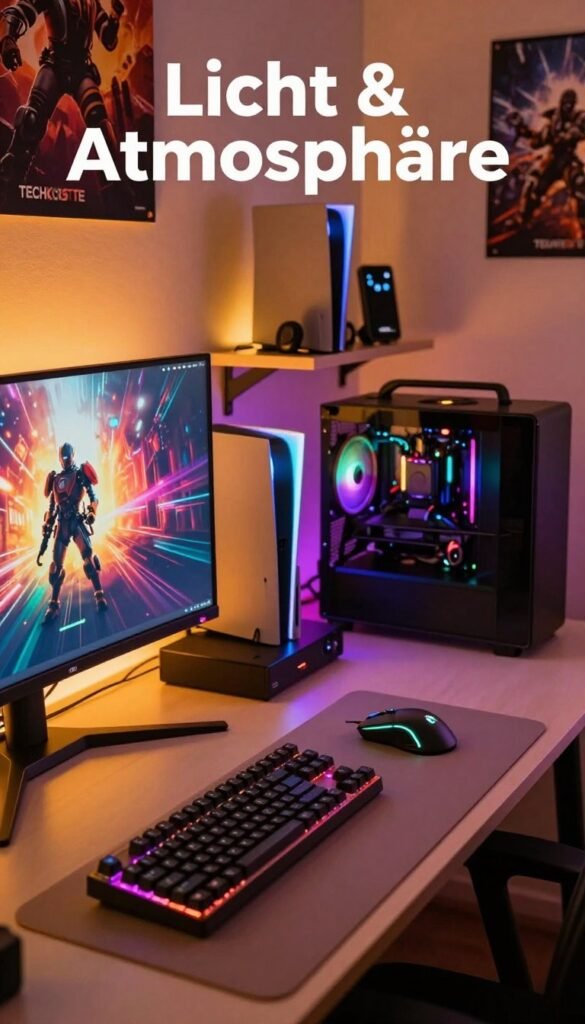 A beautifully arranged gaming setup featuring warm ambient lighting and RGB accents, creating a cozy and immersive atmosphere. In the foreground, a sleek gaming desk with a high-end gaming monitor displaying vibrant graphics. To one side, a stylish mechanical keyboard and a glowing gaming mouse sit atop a soft mouse pad. In the middle ground, a personalized RGB strip can be seen illuminating the workspace, casting a colorful glow. A retro gaming console and a few modern gaming gadgets are subtly placed on shelves behind the desk. The background includes softly lit walls adorned with vibrant posters of popular games. The scene is bathed in warm tones, enhancing the relaxed yet focused mood, showcasing the theme "Licht & Atmosphäre." All elements reflect the TechKiste brand, emphasizing innovation in gaming environments. A beautifully arranged gaming setup featuring warm ambient lighting and RGB accents, creating a cozy and immersive atmosphere. In the foreground, a sleek gaming desk with a high-end gaming monitor displaying vibrant graphics. To one side, a stylish mechanical keyboard and a glowing gaming mouse sit atop a soft mouse pad. In the middle ground, a personalized RGB strip can be seen illuminating the workspace, casting a colorful glow. A retro gaming console and a few modern gaming gadgets are subtly placed on shelves behind the desk. The background includes softly lit walls adorned with vibrant posters of popular games. The scene is bathed in warm tones, enhancing the relaxed yet focused mood, showcasing the theme "Licht & Atmosphäre." All elements reflect the TechKiste brand, emphasizing innovation in gaming environments.