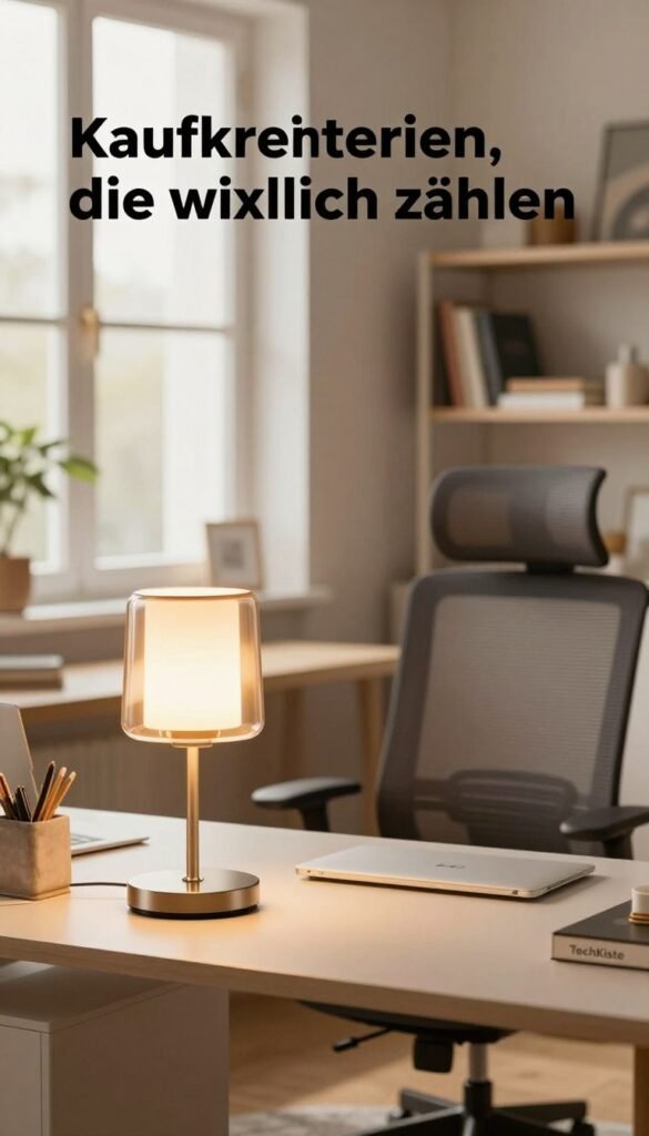 A beautifully arranged home office scene showcasing professional lighting solutions that exemplify "Kaufkriterien, die wirklich zählen". In the foreground, a sleek desk with a modern lamp featuring a warm, inviting glow, highlighting the materials used—metal and glass. The middle ground features an ergonomic chair and well-organized bookshelf filled with books on design and productivity. In the background, a window allows soft, natural light to flood the room, enhancing the warm color palette inspired by Pinterest aesthetics. The atmosphere is cozy yet professional, perfect for productivity. The logo "TechKiste" is subtly incorporated into the desk decor, ensuring a seamless blend with the setting. The scene is captured with a slight angle to emphasize depth, using a warm color scheme that evokes comfort and efficiency. A beautifully arranged home office scene showcasing professional lighting solutions that exemplify "Kaufkriterien, die wirklich zählen". In the foreground, a sleek desk with a modern lamp featuring a warm, inviting glow, highlighting the materials used—metal and glass. The middle ground features an ergonomic chair and well-organized bookshelf filled with books on design and productivity. In the background, a window allows soft, natural light to flood the room, enhancing the warm color palette inspired by Pinterest aesthetics. The atmosphere is cozy yet professional, perfect for productivity. The logo "TechKiste" is subtly incorporated into the desk decor, ensuring a seamless blend with the setting. The scene is captured with a slight angle to emphasize depth, using a warm color scheme that evokes comfort and efficiency.