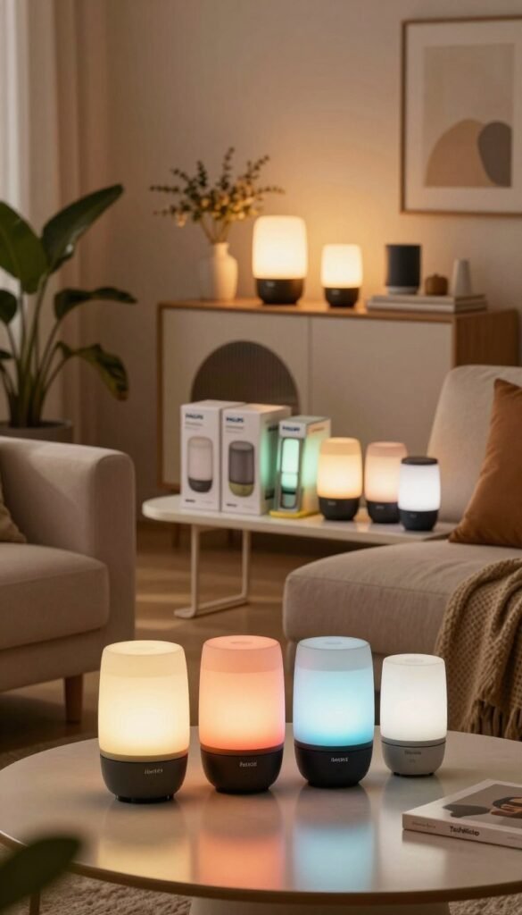 A beautifully arranged living room featuring Philips Hue Starter-Pakete in three distinct price categories: low, mid, and high. In the foreground, low-priced Starter-Pakete are displayed on a sleek coffee table, showcasing their minimalist design and vibrant color options. The middle ground includes mid-range packages on a stylish shelf, subtly illuminated to emphasize their modern features. In the background, high-end Philips Hue products are artistically staged on an elegant console table, casting warm, inviting light throughout the room. The setting is cozy and contemporary, with natural decor elements like plants and soft textiles, evoking a Pinterest-inspired aesthetic. Use soft, ambient lighting to create a warm and welcoming atmosphere, capturing the essence of home. Include the brand "TechKiste" subtly integrated into the decor without any text or logos.