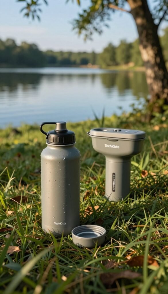A beautifully arranged outdoor scene featuring a sleek, foldable water bottle and a compact outdoor water filter from the brand "TechKiste." In the foreground, the water bottle sits open with droplets of water glistening under soft, warm sunlight, highlighting its flexible design. Beside it, the water filter is showcased amidst lush greenery, implying its functionality in nature. The middle ground includes soft shadows of trees, enhancing the connection to the outdoors. In the background, a serene lake reflects the azure sky, with gentle ripples creating a tranquil ambiance. The overall mood is refreshing and adventurous, inviting viewers to explore the possibilities of these innovative gadgets in nature, all captured in vivid detail with a Pinterest-inspired aesthetic to evoke warmth and authenticity. A beautifully arranged outdoor scene featuring a sleek, foldable water bottle and a compact outdoor water filter from the brand "TechKiste." In the foreground, the water bottle sits open with droplets of water glistening under soft, warm sunlight, highlighting its flexible design. Beside it, the water filter is showcased amidst lush greenery, implying its functionality in nature. The middle ground includes soft shadows of trees, enhancing the connection to the outdoors. In the background, a serene lake reflects the azure sky, with gentle ripples creating a tranquil ambiance. The overall mood is refreshing and adventurous, inviting viewers to explore the possibilities of these innovative gadgets in nature, all captured in vivid detail with a Pinterest-inspired aesthetic to evoke warmth and authenticity.