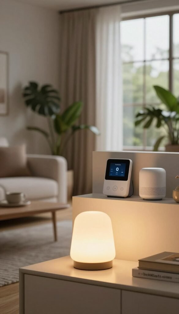 A beautifully arranged smart home space showcasing a state-of-the-art lighting system. In the foreground, a sleek, modern lamp emitting warm light creates an inviting atmosphere, illuminating a stylish living room filled with minimalist furniture and green indoor plants. In the middle ground, visible smart home devices are seamlessly integrated, such as a smart thermostat and digital assistant. The background features large windows with curtains gently fluttering, allowing natural light to complement the warm artificial glow. Use soft focus to emphasize warmth and comfort, mimicking a Pinterest aesthetic. The lighting should be soft, capturing the essence of a cozy, connected home environment. Ensure a professional, clean look without any text or branding. Include subtle elements that suggest the brand "TechKiste," conveying innovation and modernity.