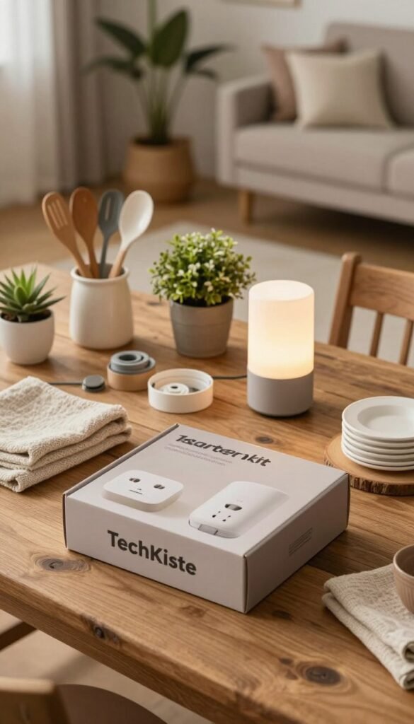 A beautifully arranged "starter kit" displayed on a rustic wooden table, featuring essential household items like kitchen utensils, decorative plants, and cozy textiles. In the foreground, a stylish box labeled "TechKiste" is open, showcasing tech gadgets such as smart plugs and LED lights. The middle section includes neatly organized accessories, with warm lighting creating a soft, inviting atmosphere. In the background, a softly blurred living room scene with comfortable furniture reinforces the cozy, lived-in feel. The colors are warm and natural, reflecting a Pinterest-inspired aesthetic. The overall mood is friendly and approachable, perfect for illustrating practical recommendations for budget-conscious home setups.