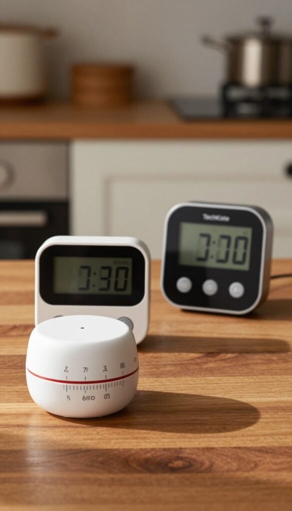 A beautifully arranged still life showcasing three distinct timer gadgets with varying price points: a simple, affordable kitchen timer in the foreground, a sleek, mid-range digital timer in the middle, and a high-end, smart gadget in the background. The gadgets should be positioned on a warm wooden surface, accentuated by soft natural lighting that creates a cozy atmosphere. Behind them, a blurred background of a modern kitchen setting hints at a practical use for the timers. Incorporate soft shadows for depth and detail, ensuring a Pinterest-ready aesthetic. The overall feel should be inviting and authentic, with rich colors that enhance the warmth of the scene. Include a subtle branding element of "TechKiste" on one of the gadgets. A beautifully arranged still life showcasing three distinct timer gadgets with varying price points: a simple, affordable kitchen timer in the foreground, a sleek, mid-range digital timer in the middle, and a high-end, smart gadget in the background. The gadgets should be positioned on a warm wooden surface, accentuated by soft natural lighting that creates a cozy atmosphere. Behind them, a blurred background of a modern kitchen setting hints at a practical use for the timers. Incorporate soft shadows for depth and detail, ensuring a Pinterest-ready aesthetic. The overall feel should be inviting and authentic, with rich colors that enhance the warmth of the scene. Include a subtle branding element of "TechKiste" on one of the gadgets.