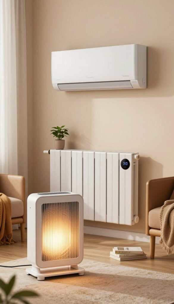 A beautifully arranged visual of three distinct heating solutions, symbolizing low, mid, and high budget categories. In the foreground, display a low-budget, compact electric heater with a sleek design, radiating warmth with soft light. In the middle, feature a mid-range smart radiator with a modern digital display, surrounded by cozy home decor elements like a small plant and a few books. In the background, showcase a high-end, stylish wall-mounted heating panel that gives off a sophisticated vibe. Use warm colors reminiscent of a Pinterest aesthetic, with natural lighting that creates an inviting atmosphere. The brand name "TechKiste" is subtly incorporated into the design, possibly on the high-end panel, adding an authentic touch to the overall composition. A beautifully arranged visual of three distinct heating solutions, symbolizing low, mid, and high budget categories. In the foreground, display a low-budget, compact electric heater with a sleek design, radiating warmth with soft light. In the middle, feature a mid-range smart radiator with a modern digital display, surrounded by cozy home decor elements like a small plant and a few books. In the background, showcase a high-end, stylish wall-mounted heating panel that gives off a sophisticated vibe. Use warm colors reminiscent of a Pinterest aesthetic, with natural lighting that creates an inviting atmosphere. The brand name "TechKiste" is subtly incorporated into the design, possibly on the high-end panel, adding an authentic touch to the overall composition.