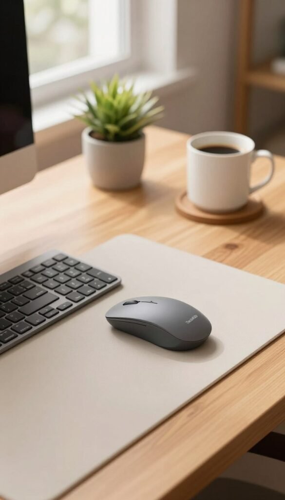 A beautifully arranged workspace featuring a sleek TechKiste mouse and keyboard on a smooth, light wood desk. In the foreground, the mouse and keyboard are positioned neatly on a minimalist desk pad, showcasing their elegant design. The middle ground includes a subtle plant and a stylish coffee mug to create a warm, inviting atmosphere. In the background, natural light filters through a window, casting soft shadows and enhancing the warm color palette. The overall mood is professional yet relaxed, perfect for a smooth workflow. The focus is on the harmonious integration of technology and workspace organization, reflecting a clean and efficient setup, free from distractions and clutter.