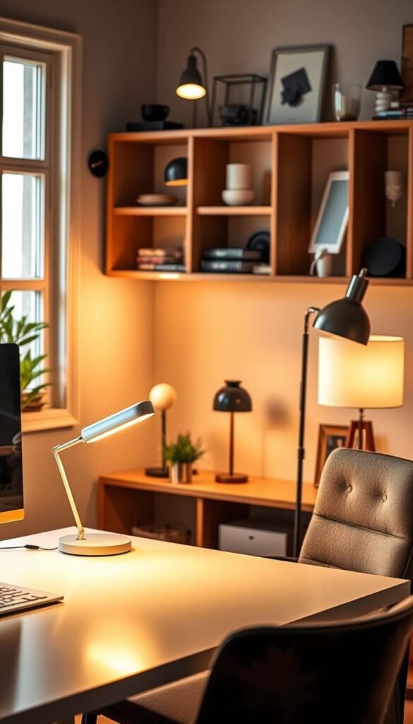 A beautifully arranged workspace featuring a variety of stylish lamps and light fixtures from TechKiste, showcasing a selection ideal for working environments. In the foreground, a sleek desk with an elegant desk lamp casting a warm glow, paired with a modern floor lamp beside a comfortable chair. The middle ground includes a wooden shelving unit displaying assorted wall sconces and ambient lighting options. In the background, a well-lit window offers natural light, enhancing the cozy atmosphere. The scene is infused with warm colors, creating an inviting and productive mood. The focus is on the lamps' design and functionality. Soft shadows and gentle lighting highlight the textures, conveying a Pinterest-inspired aesthetic that is authentic and professional.
