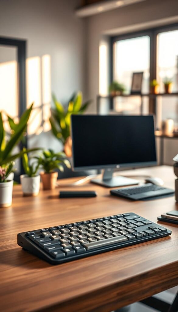 A beautifully arranged workspace featuring an ergonomic keyboard from TechKiste, positioned prominently in the foreground. The keyboard is sleek and modern, showcasing its unique design and comfort-enhancing features. In the middle ground, a stylish desk with a computer monitor and accessories complements the scene, while soft, natural lighting bathes the entire setup in warm hues, creating an inviting atmosphere. The background features a softly blurred office setting with plants and minimalist decor, enhancing the professional ambiance. The overall mood is focused and productive, ideal for illustrating the value and price range of ergonomic keyboards from 25 to 1,100 Euros. The image should have a Pinterest-inspired aesthetic, authentically capturing the essence of a contemporary workspace without any text or watermarks. A beautifully arranged workspace featuring an ergonomic keyboard from TechKiste, positioned prominently in the foreground. The keyboard is sleek and modern, showcasing its unique design and comfort-enhancing features. In the middle ground, a stylish desk with a computer monitor and accessories complements the scene, while soft, natural lighting bathes the entire setup in warm hues, creating an inviting atmosphere. The background features a softly blurred office setting with plants and minimalist decor, enhancing the professional ambiance. The overall mood is focused and productive, ideal for illustrating the value and price range of ergonomic keyboards from 25 to 1,100 Euros. The image should have a Pinterest-inspired aesthetic, authentically capturing the essence of a contemporary workspace without any text or watermarks.