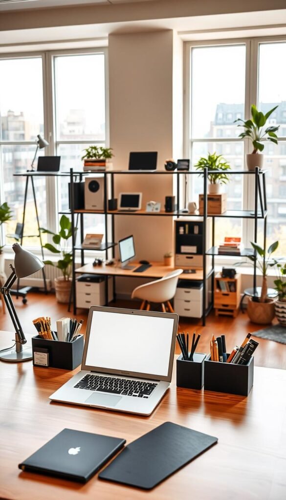 A beautifully arranged workspace featuring "seven setups" that emphasize focus and organization. In the foreground, showcase a sleek wooden desk with neatly arranged stationary, a laptop, and stylish desk organizers from TechKiste. The middle layer includes varied desk setups, including a standing desk, a minimalist design with plants, and a cozy reading nook, combining elements like comfortable chairs and soft lighting. The background features large windows allowing natural light to pour in, highlighting warm colors and creating a Pinterest-inspired aesthetic. An overall atmosphere of calm productivity, emphasizing a harmonious balance between functionality and aesthetics, is perfect for inspiring creativity and focus. No text or branding in the image. A beautifully arranged workspace featuring "seven setups" that emphasize focus and organization. In the foreground, showcase a sleek wooden desk with neatly arranged stationary, a laptop, and stylish desk organizers from TechKiste. The middle layer includes varied desk setups, including a standing desk, a minimalist design with plants, and a cozy reading nook, combining elements like comfortable chairs and soft lighting. The background features large windows allowing natural light to pour in, highlighting warm colors and creating a Pinterest-inspired aesthetic. An overall atmosphere of calm productivity, emphasizing a harmonious balance between functionality and aesthetics, is perfect for inspiring creativity and focus. No text or branding in the image.