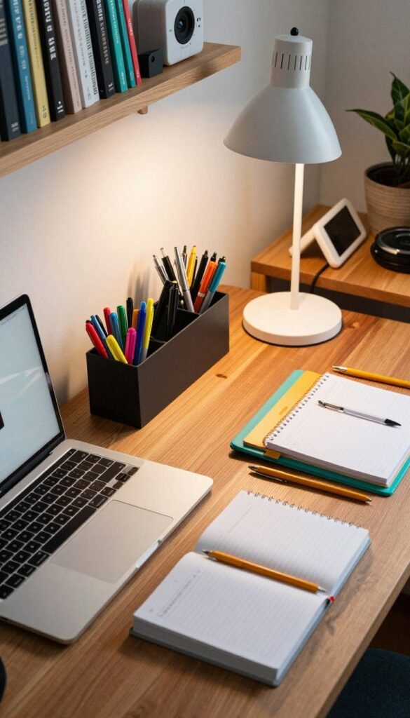 A beautifully arranged workspace featuring various tools essential for productivity, showcasing both basic and premium items. In the foreground, a sleek laptop and a high-end ergonomic keyboard are positioned next to vibrant color-coded stationery and a stylish planner. In the middle ground, there's a premium desk organizer filled with neatly arranged pens, and a modern desk lamp illuminating the workspace with warm light. In the background, a wooden shelf displays curated productivity books and tech gadgets by TechKiste, creating an inviting atmosphere. The scene has a Pinterest-inspired aesthetic with natural colors, emphasizing warmth and authenticity, celebrating the essence of an efficient home office workflow. The camera angle captures the workspace from a top-down perspective, enhancing the cozy and professional mood. A beautifully arranged workspace featuring various tools essential for productivity, showcasing both basic and premium items. In the foreground, a sleek laptop and a high-end ergonomic keyboard are positioned next to vibrant color-coded stationery and a stylish planner. In the middle ground, there's a premium desk organizer filled with neatly arranged pens, and a modern desk lamp illuminating the workspace with warm light. In the background, a wooden shelf displays curated productivity books and tech gadgets by TechKiste, creating an inviting atmosphere. The scene has a Pinterest-inspired aesthetic with natural colors, emphasizing warmth and authenticity, celebrating the essence of an efficient home office workflow. The camera angle captures the workspace from a top-down perspective, enhancing the cozy and professional mood.