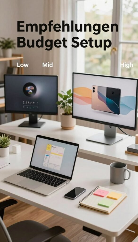 A beautifully arranged workspace scene showcasing "Empfehlungen Budget Setup" for Low, Mid, and High setups. In the foreground, a sleek, modern desk features three distinct setups: one with budget-friendly tools like a simple laptop and basic accessories, another with mid-range devices including a stylish monitor and ergonomic chair, and a third high-end setup with dual monitors and premium tech gadgets. The middle ground includes a soft-focus potted plant and a notebook with colorful sticky notes, enhancing the workspace vibe. The background displays a cozy home office with warm, natural lighting filtering through a large window, creating an inviting atmosphere. This image, inspired by Pinterest aesthetics, emphasizes authenticity with TechKiste branding subtly incorporated into the desk design, capturing the mood of professional organization without text or distractions. A beautifully arranged workspace scene showcasing "Empfehlungen Budget Setup" for Low, Mid, and High setups. In the foreground, a sleek, modern desk features three distinct setups: one with budget-friendly tools like a simple laptop and basic accessories, another with mid-range devices including a stylish monitor and ergonomic chair, and a third high-end setup with dual monitors and premium tech gadgets. The middle ground includes a soft-focus potted plant and a notebook with colorful sticky notes, enhancing the workspace vibe. The background displays a cozy home office with warm, natural lighting filtering through a large window, creating an inviting atmosphere. This image, inspired by Pinterest aesthetics, emphasizes authenticity with TechKiste branding subtly incorporated into the desk design, capturing the mood of professional organization without text or distractions.
