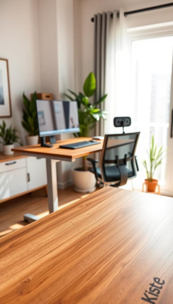 A beautifully designed electric height-adjustable desk stands prominently in a modern home office setting. In the foreground, the desk features a sleek, minimalist design with a wooden surface and metallic frame, showcasing the TechKiste brand logo subtly engraved. In the middle ground, an ergonomically designed office chair is positioned nearby, emphasizing the versatile sit-stand function of the desk, which is raised to an appropriate height for a standing position. In the background, soft natural light filters through a large window, creating a warm and inviting atmosphere. potted plants and tasteful decor complete the scene, adding a Pinterest-inspired aesthetic. The camera angle focuses slightly above eye level, capturing the desk&rsquo;s functionality and elegance, inviting viewers to imagine the comfort of a genuine sit-stand workspace.