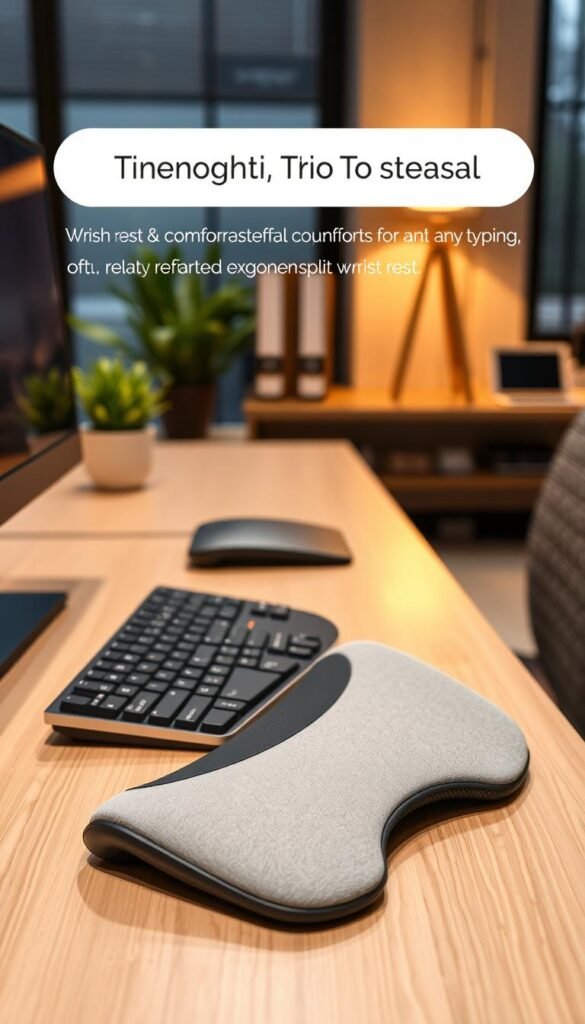 A beautifully designed, ergonomic, split and curved wrist rest for a keyboard by the brand "TechKiste". The wrist rest should be shown prominently in the foreground, made of soft, high-quality materials that emphasize comfort and support for a relaxed typing experience in an office setting. The middle ground features a sleek, modern keyboard that complements the wrist rest’s design. In the background, a sophisticated office workspace with warm lighting and natural elements, such as a wooden desk and a stylish plant, creates a cozy atmosphere. The image should reflect a professional yet inviting mood, capturing the essence of ergonomic design without any text or distractions. A subtle depth of field adds focus to the wrist rest and keyboard, enhancing the overall aesthetic. A beautifully designed, ergonomic, split and curved wrist rest for a keyboard by the brand "TechKiste". The wrist rest should be shown prominently in the foreground, made of soft, high-quality materials that emphasize comfort and support for a relaxed typing experience in an office setting. The middle ground features a sleek, modern keyboard that complements the wrist rest’s design. In the background, a sophisticated office workspace with warm lighting and natural elements, such as a wooden desk and a stylish plant, creates a cozy atmosphere. The image should reflect a professional yet inviting mood, capturing the essence of ergonomic design without any text or distractions. A subtle depth of field adds focus to the wrist rest and keyboard, enhancing the overall aesthetic.