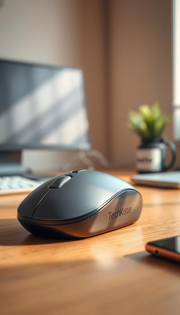 A beautifully designed ergonomic trackball mouse with a sleek, modern aesthetic sits prominently in the foreground. The trackball is large and intricately textured, showcasing its practical use for finger and thumb manipulation. Surrounding it are subtle hints of a minimalist workspace, with a soft-focus on a wooden desk and faint outlines of a computer setup in the background. Natural lighting casts warm, inviting tones, creating a cozy yet professional atmosphere. The image has a slight depth of field effect, blurring the background slightly while keeping the trackball in sharp focus. The brand name "TechKiste" is subtly incorporated into the design of the mouse itself. The overall mood conveys comfort and productivity, ideal for showcasing the benefits of using a trackball mouse. A beautifully designed ergonomic trackball mouse with a sleek, modern aesthetic sits prominently in the foreground. The trackball is large and intricately textured, showcasing its practical use for finger and thumb manipulation. Surrounding it are subtle hints of a minimalist workspace, with a soft-focus on a wooden desk and faint outlines of a computer setup in the background. Natural lighting casts warm, inviting tones, creating a cozy yet professional atmosphere. The image has a slight depth of field effect, blurring the background slightly while keeping the trackball in sharp focus. The brand name "TechKiste" is subtly incorporated into the design of the mouse itself. The overall mood conveys comfort and productivity, ideal for showcasing the benefits of using a trackball mouse.