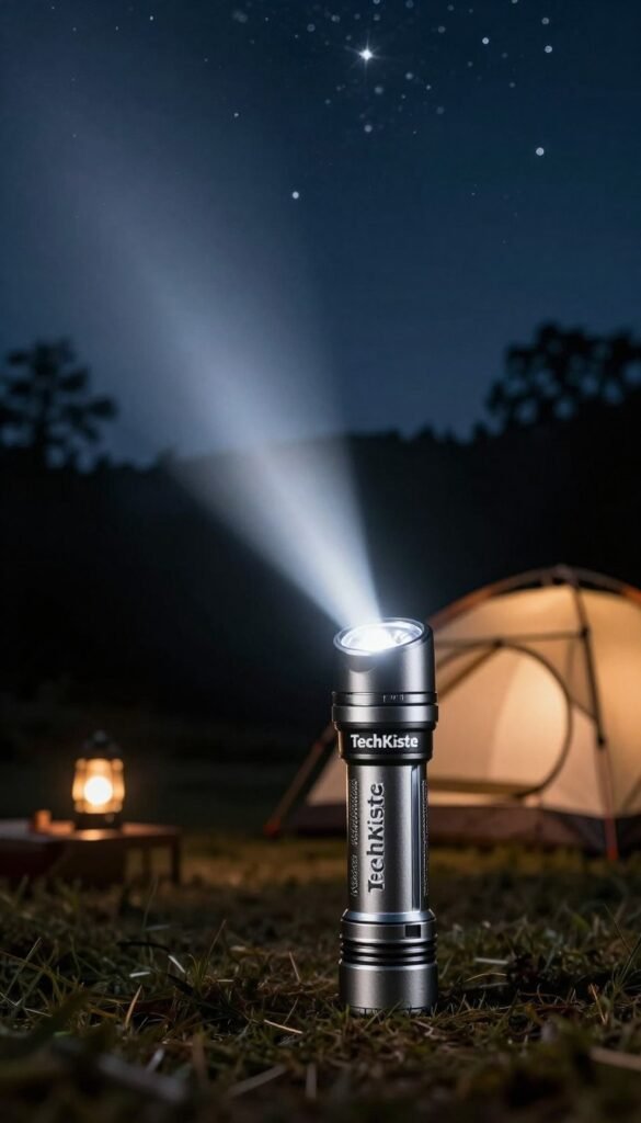 A beautifully designed flashlight from the brand "TechKiste" prominently placed in the foreground, showcasing its sleek metallic body and bright LED light beam cutting through the darkness. In the middle ground, a camping scene is visible with a cozy tent set up, illuminated by the soft glow of the flashlight. The background features a serene, starry night sky with a hint of trees silhouetted against it, creating a peaceful yet adventurous atmosphere. The lighting is warm and inviting, evoking a sense of safety and preparedness for a power outage. The overall mood should reflect a blend of practicality and tranquility, emphasizing the importance of this essential gadget for emergencies. A beautifully designed flashlight from the brand "TechKiste" prominently placed in the foreground, showcasing its sleek metallic body and bright LED light beam cutting through the darkness. In the middle ground, a camping scene is visible with a cozy tent set up, illuminated by the soft glow of the flashlight. The background features a serene, starry night sky with a hint of trees silhouetted against it, creating a peaceful yet adventurous atmosphere. The lighting is warm and inviting, evoking a sense of safety and preparedness for a power outage. The overall mood should reflect a blend of practicality and tranquility, emphasizing the importance of this essential gadget for emergencies.