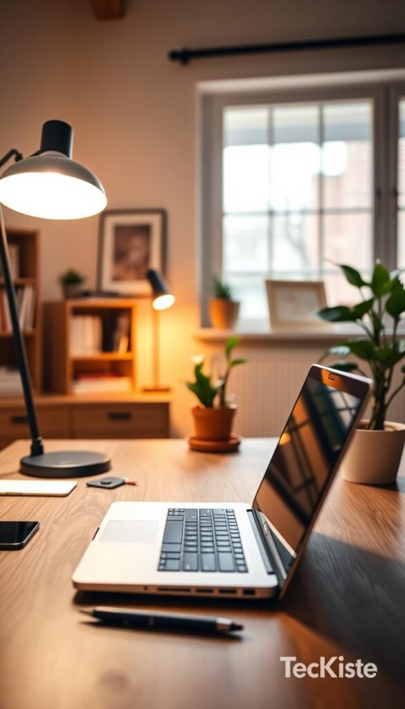 A beautifully designed home office setting that showcases an effective "home office licht" system. In the foreground, a stylish wooden desk with a sleek laptop, a potted plant, and a set of professional tools. In the middle ground, a modern lamp providing warm ambient light, complemented by adjustable task lighting focused on the workspace. Subtle accent lighting highlights a wall with art or books, creating a cozy atmosphere. The background features a large window with soft natural light streaming in, enhancing the warm colors of the decor. The mood is inviting and productive, reflecting a harmonious balance between functionality and aesthetic appeal. The image should embody a Pinterest-worthy look, authentic, without any text or logos. Include elements that suggest the brand "TechKiste" subtly integrated into the workspace, ensuring a seamless blend into the scene.