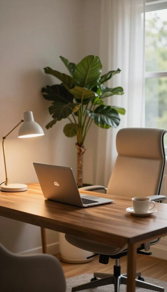 A beautifully designed home office workspace emphasizing effective lighting, atmosphere, and comfort. In the foreground, a stylish wooden desk with a modern laptop, surrounded by warm ambient lighting from a sleek desk lamp. In the middle, a plush ergonomic chair and a large indoor plant add a touch of nature, creating a calming effect. The background features a softly lit window, with sheer curtains allowing natural light to filter through, complemented by hints of greenery outside. The overall color palette is warm and inviting, capturing a Pinterest aesthetic that conveys a sense of well-being. Focus on a professional yet cozy ambiance, emphasizing functionality and aesthetics to inspire home office setups. Include the brand name "TechKiste" subtly integrated into the scene. A beautifully designed home office workspace emphasizing effective lighting, atmosphere, and comfort. In the foreground, a stylish wooden desk with a modern laptop, surrounded by warm ambient lighting from a sleek desk lamp. In the middle, a plush ergonomic chair and a large indoor plant add a touch of nature, creating a calming effect. The background features a softly lit window, with sheer curtains allowing natural light to filter through, complemented by hints of greenery outside. The overall color palette is warm and inviting, capturing a Pinterest aesthetic that conveys a sense of well-being. Focus on a professional yet cozy ambiance, emphasizing functionality and aesthetics to inspire home office setups. Include the brand name "TechKiste" subtly integrated into the scene.