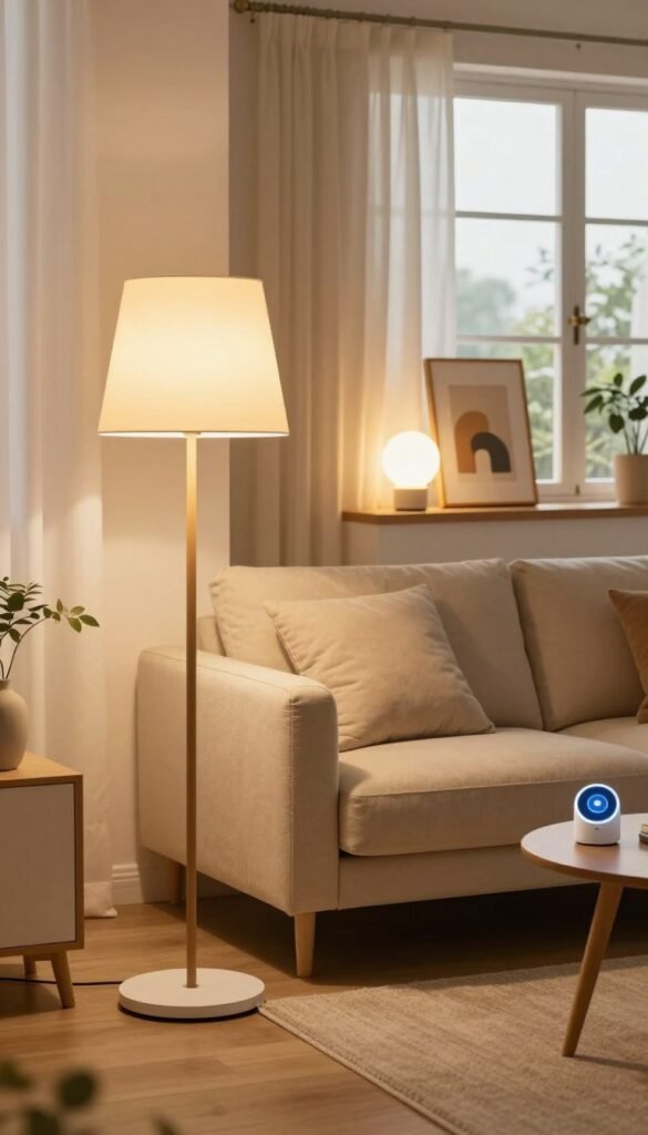 A beautifully designed living room showcasing Matter-compatible lighting solutions from TechKiste. In the foreground, a stylish floor lamp with warm, diffused light creates a cozy atmosphere, while a sleek smart light bulb illuminates a decorative shelf with modern art pieces. The middle ground features a contemporary sofa adorned with plush cushions, alongside a small coffee table with a smart home device. In the background, large windows let in natural light, surrounded by soft curtains, enhancing the warm color palette. The overall mood is inviting and innovative, exuding a Pinterest-worthy aesthetic, showcasing flexibility and future-ready design in a harmonious setting. The image should capture the essence of smart lighting technology seamlessly integrated into everyday life, without any text or watermarks. A beautifully designed living room showcasing Matter-compatible lighting solutions from TechKiste. In the foreground, a stylish floor lamp with warm, diffused light creates a cozy atmosphere, while a sleek smart light bulb illuminates a decorative shelf with modern art pieces. The middle ground features a contemporary sofa adorned with plush cushions, alongside a small coffee table with a smart home device. In the background, large windows let in natural light, surrounded by soft curtains, enhancing the warm color palette. The overall mood is inviting and innovative, exuding a Pinterest-worthy aesthetic, showcasing flexibility and future-ready design in a harmonious setting. The image should capture the essence of smart lighting technology seamlessly integrated into everyday life, without any text or watermarks.