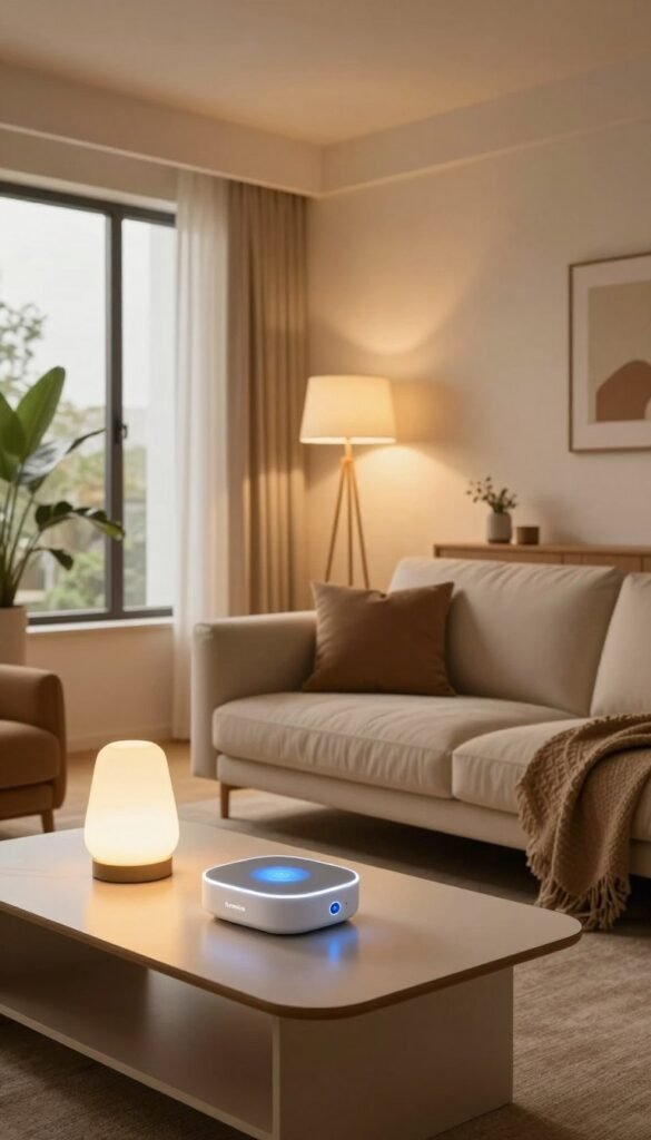 A beautifully designed modern living room showcasing smart home lighting automation features. In the foreground, a sleek, minimalist coffee table holds a smart light control device, surrounded by warm ambient lighting from stylish floor and table lamps. In the middle, a contemporary sofa adorned with soft cushions faces a large window, letting in natural light, while adjustable LED wall lights create a cozy atmosphere. In the background, subtle decorative elements, such as indoor plants and art pieces, enhance the inviting space. The overall color palette includes warm, earthy tones, giving a Pinterest-inspired aesthetic. Capture this scene with soft lighting that emphasizes warmth and comfort, shot from a slightly elevated angle for a dynamic perspective. Brand logo "TechKiste" subtly integrated into the room's design elements. A beautifully designed modern living room showcasing smart home lighting automation features. In the foreground, a sleek, minimalist coffee table holds a smart light control device, surrounded by warm ambient lighting from stylish floor and table lamps. In the middle, a contemporary sofa adorned with soft cushions faces a large window, letting in natural light, while adjustable LED wall lights create a cozy atmosphere. In the background, subtle decorative elements, such as indoor plants and art pieces, enhance the inviting space. The overall color palette includes warm, earthy tones, giving a Pinterest-inspired aesthetic. Capture this scene with soft lighting that emphasizes warmth and comfort, shot from a slightly elevated angle for a dynamic perspective. Brand logo "TechKiste" subtly integrated into the room's design elements.