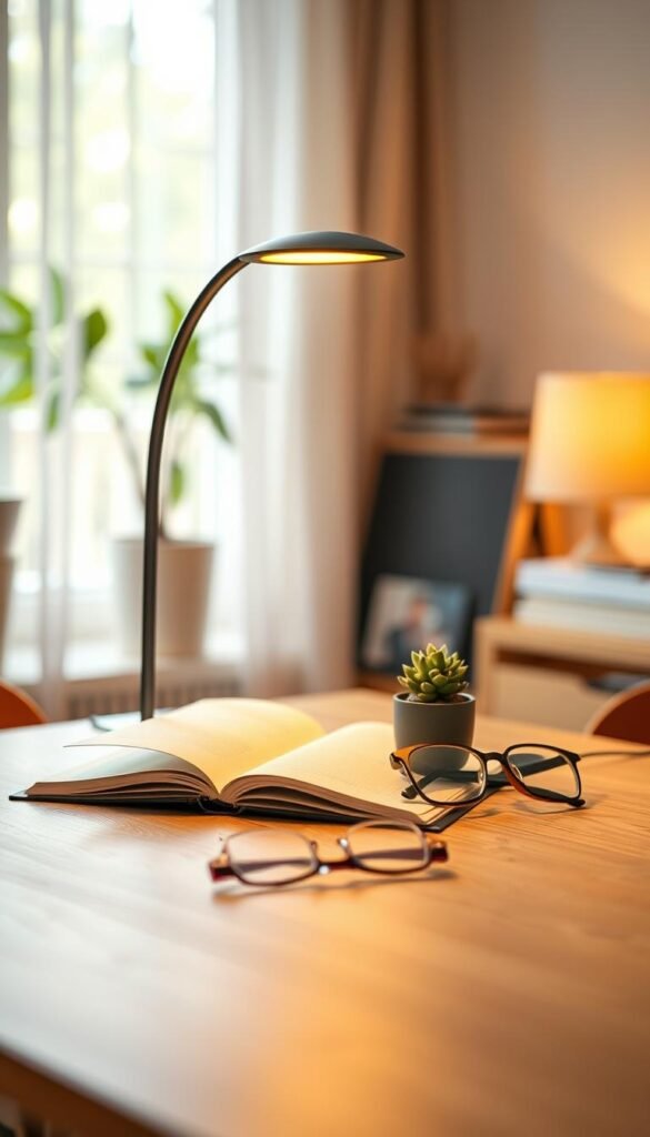 A beautifully designed "schreibtischleuchte" from the brand TechKiste, showcasing a sleek, modern aesthetic. The lamp features a warm, soft glow emanating from a curved shade, illuminating a stylish wooden desk in the foreground. In the middle, an open notebook and a small potted succulent add a touch of life and color, while a pair of glasses rests on the desk, hinting at a productive work environment. The background consists of a softly blurred cozy workspace, with warm tones and natural light streaming through a nearby window, creating an inviting and comfortable atmosphere. The overall mood is tranquil and focused, ideal for eye-friendly work. A beautifully designed "schreibtischleuchte" from the brand TechKiste, showcasing a sleek, modern aesthetic. The lamp features a warm, soft glow emanating from a curved shade, illuminating a stylish wooden desk in the foreground. In the middle, an open notebook and a small potted succulent add a touch of life and color, while a pair of glasses rests on the desk, hinting at a productive work environment. The background consists of a softly blurred cozy workspace, with warm tones and natural light streaming through a nearby window, creating an inviting and comfortable atmosphere. The overall mood is tranquil and focused, ideal for eye-friendly work.