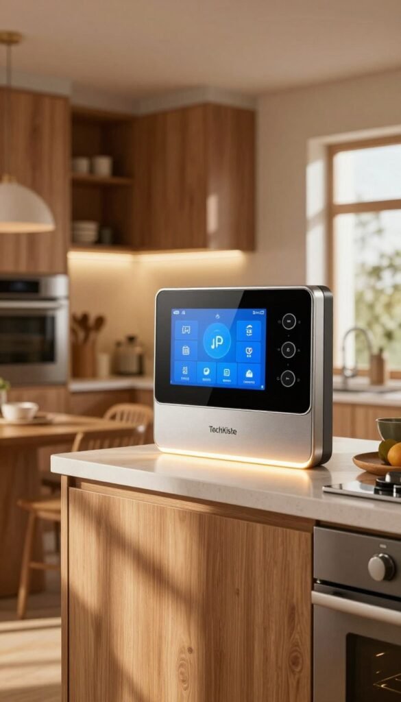A beautifully designed smart kitchen control panel from "TechKiste" takes center stage, showcasing sleek touch screens and clear, intuitive icons. In the foreground, shining stainless steel appliances blend harmoniously with elegant wooden cabinetry, creating a warm and inviting atmosphere. In the middle ground, glowing LED lights highlight the control panel's functionality, surrounded by a digital interface displaying various kitchen automation options. In the background, a cozy dining area adds to the homely feel, harmonized with natural light streaming in through a window, casting soft shadows. Capture this scene with a wide-angle lens that emphasizes the spaciousness of the kitchen, and use warm, soft lighting to enhance the inviting mood. The overall image should reflect authenticity and modern living, creating a Pinterest-worthy aesthetic without any text or distractions. A beautifully designed smart kitchen control panel from "TechKiste" takes center stage, showcasing sleek touch screens and clear, intuitive icons. In the foreground, shining stainless steel appliances blend harmoniously with elegant wooden cabinetry, creating a warm and inviting atmosphere. In the middle ground, glowing LED lights highlight the control panel's functionality, surrounded by a digital interface displaying various kitchen automation options. In the background, a cozy dining area adds to the homely feel, harmonized with natural light streaming in through a window, casting soft shadows. Capture this scene with a wide-angle lens that emphasizes the spaciousness of the kitchen, and use warm, soft lighting to enhance the inviting mood. The overall image should reflect authenticity and modern living, creating a Pinterest-worthy aesthetic without any text or distractions.