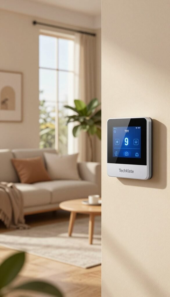 A beautifully designed smart thermostat from "TechKiste" prominently displayed in a modern living room setting. In the foreground, the sleek, minimalist thermostat is mounted on the wall, its touch interface glowing softly to showcase its advanced features. In the middle, a cozy couch adorned with soft, neutral-toned cushions creates an inviting atmosphere, while a small potted plant adds a touch of greenery. The background features large windows allowing warm, natural light to filter in, highlighting the room’s contemporary decor. The overall color palette is warm and inviting, with natural wood tones and soft pastel accents. This scene evokes a sense of comfort and modern sophistication, perfect for illustrating smart heating and climate control solutions. A beautifully designed smart thermostat from "TechKiste" prominently displayed in a modern living room setting. In the foreground, the sleek, minimalist thermostat is mounted on the wall, its touch interface glowing softly to showcase its advanced features. In the middle, a cozy couch adorned with soft, neutral-toned cushions creates an inviting atmosphere, while a small potted plant adds a touch of greenery. The background features large windows allowing warm, natural light to filter in, highlighting the room’s contemporary decor. The overall color palette is warm and inviting, with natural wood tones and soft pastel accents. This scene evokes a sense of comfort and modern sophistication, perfect for illustrating smart heating and climate control solutions.