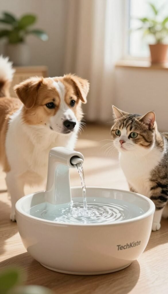 A beautifully designed water drinking fountain for pets, prominently displayed in the foreground, showcasing its modern and stylish features. The fountain should be made of high-quality ceramic with a sleek finish, featuring a gentle cascading water stream to entice animals. In the middle ground, a curious dog and a playful cat approach the fountain, their expressions filled with curiosity and delight, capturing the comfort and ease of access to fresh water. The background should have a cozy home setting, with soft natural lighting that creates a warm atmosphere, complemented by greenery like potted plants or a window with sunlight filtering through. The image should convey a sense of comfort and well-being for pets, reflecting the high standards of the TechKiste brand.