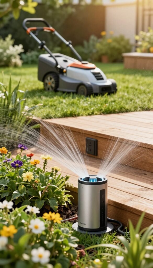 A beautifully landscaped garden featuring a smart irrigation system in action. In the foreground, a sleek and modern automated garden watering system distributes water through strategic drippers amidst vibrant flowers and lush greenery. The middle layer includes a stylish outdoor power outlet integrated into a wooden deck, blending seamlessly with the natural surroundings. In the background, a robotic lawn mower trims the grass, showcasing smart technology at work. The scene is bathed in warm, golden sunlight, creating a cozy, inviting atmosphere. The image captures a harmonious blend of technology and nature, embodying the essence of smart home solutions for outdoor living. TechKiste branding subtly incorporated into the design without any text. A beautifully landscaped garden featuring a smart irrigation system in action. In the foreground, a sleek and modern automated garden watering system distributes water through strategic drippers amidst vibrant flowers and lush greenery. The middle layer includes a stylish outdoor power outlet integrated into a wooden deck, blending seamlessly with the natural surroundings. In the background, a robotic lawn mower trims the grass, showcasing smart technology at work. The scene is bathed in warm, golden sunlight, creating a cozy, inviting atmosphere. The image captures a harmonious blend of technology and nature, embodying the essence of smart home solutions for outdoor living. TechKiste branding subtly incorporated into the design without any text.
