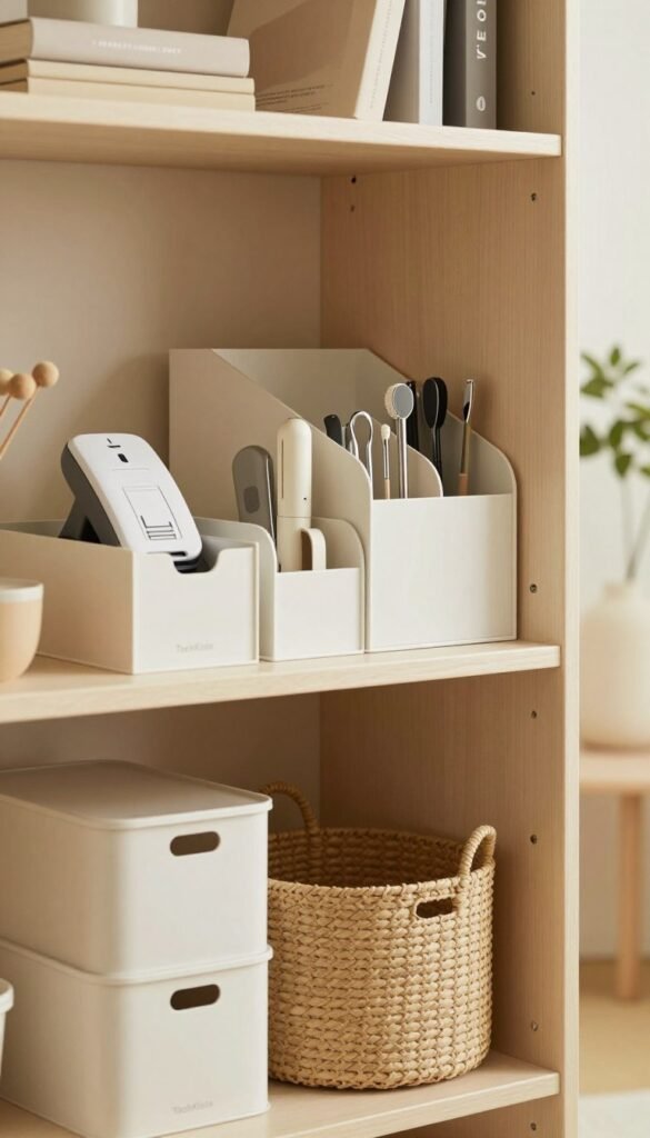 A beautifully organized Ordnung Schrank featuring minimalistic gadgets that promote a tidy lifestyle. In the foreground, sleek storage boxes and baskets are arranged neatly with soft, warm-toned lighting highlighting their textures. In the middle, the wardrobe displays a variety of attractive, functional items such as label makers, drawer dividers, and multi-functional tools, all styled to emphasize their minimalist essence. The background features an aesthetically pleasing room with neutral walls, natural wooden accents, and a hint of greenery to bring a fresh atmosphere. The image captures a serene, clutter-free vibe, inspired by a Pinterest aesthetic, showcasing an ideal space for minimalist living. The brand name "TechKiste" subtly integrated into the design without any text overlays.