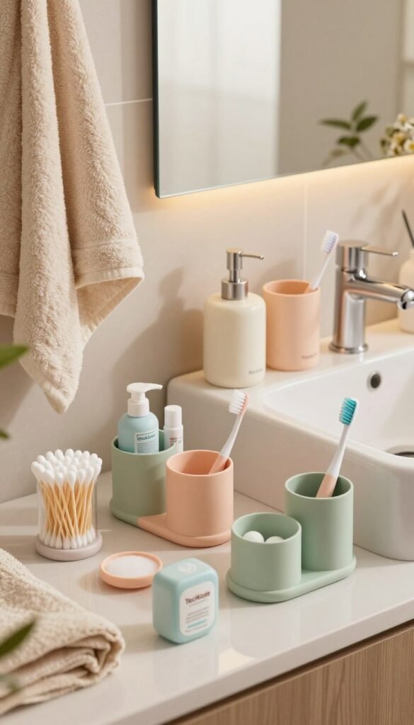 A beautifully organized bathroom setting featuring various mini gadgets that enhance everyday efficiency. In the foreground, there are neatly arranged organizers holding tiny essentials like cotton swabs, travel-sized toiletries, and small beauty tools in pastel colors. The middle showcases a stylish sink with a sleek soap dispenser and a compact toothbrush holder, all radiating a modern aesthetic. The background includes a large mirror reflecting warm, natural light that enhances the cozy atmosphere. The scene is accented by soft textiles, such as a fluffy towel draped artfully. Capturing the essence of "TechKiste," the image embodies a Pinterest-inspired look with a harmonious, inviting feel where cleanliness meets functionality. The overall mood is serene and efficient, perfect for promoting innovative ways to keep personal spaces tidy.