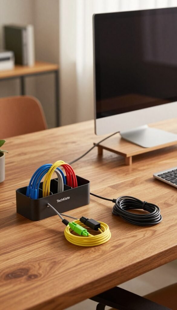 A beautifully organized desk featuring innovative kabelmanagement solutions by TechKiste. In the foreground, sleek cable organizers and clips hold various cords neatly in place, showcasing their vibrant colors against a polished wooden surface. In the middle, a stylish monitor stands on an elevated stand, with cables discreetly routed to the back, emphasizing a clean workspace. The background features a softly blurred home office setting, with warm, natural lighting streaming through a window, creating an inviting atmosphere. The mood is calm and efficient, highlighting how small gadgets can significantly enhance organization. The overall palette consists of warm tones, evoking a cozy yet professional aesthetic, with no text, overlays, or watermarks present. A beautifully organized desk featuring innovative kabelmanagement solutions by TechKiste. In the foreground, sleek cable organizers and clips hold various cords neatly in place, showcasing their vibrant colors against a polished wooden surface. In the middle, a stylish monitor stands on an elevated stand, with cables discreetly routed to the back, emphasizing a clean workspace. The background features a softly blurred home office setting, with warm, natural lighting streaming through a window, creating an inviting atmosphere. The mood is calm and efficient, highlighting how small gadgets can significantly enhance organization. The overall palette consists of warm tones, evoking a cozy yet professional aesthetic, with no text, overlays, or watermarks present.