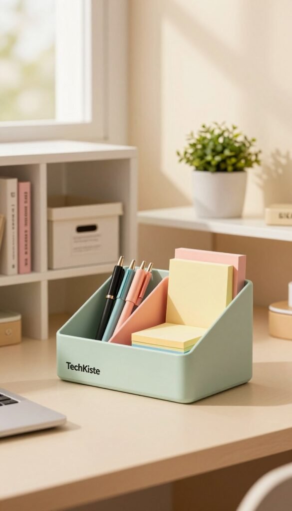 A beautifully organized desk scene showcasing an innovative "zeit ordnungssystem" from TechKiste. In the foreground, colorful storage gadgets like a sleek desktop organizer with compartments for pens, sticky notes, and business cards are prominently displayed. The middle ground features a minimalist bookshelf filled with labeled storage boxes and a small potted plant for a touch of greenery. The background includes a softly blurred window letting in warm, natural light, creating a cozy atmosphere. The overall color palette includes warm tones such as soft beige and pastel hues, evoking a Pinterest-inspired aesthetic. The scene conveys a sense of calm and organization amidst the backdrop of everyday chaos, inviting viewers to embrace a more tidy workspace.