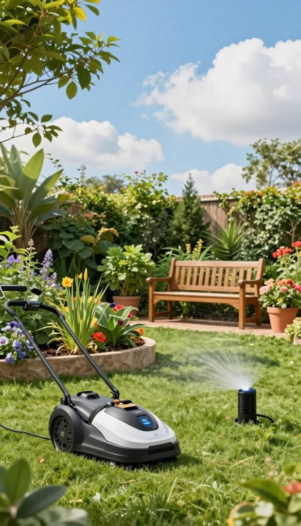 A beautifully organized garden featuring a variety of lush green plants and colorful flowers, showcasing modern smart gardening gadgets from TechKiste. In the foreground, a sleek robotic lawn mower is seen trimming the grass, while a smart irrigation system is subtly integrated with watering features. In the middle ground, a wooden garden bench invites relaxation, surrounded by raised flower beds and potted plants. The background displays a vibrant blue sky with fluffy white clouds, creating a warm, inviting atmosphere. The lighting is soft and natural, reminiscent of early morning sunlight filtering through the leaves, enhancing the picturesque scene without any text overlay. The overall mood conveys a sense of tranquility and the joy of less work in the outdoor space, fostering more time for relaxation. A beautifully organized garden featuring a variety of lush green plants and colorful flowers, showcasing modern smart gardening gadgets from TechKiste. In the foreground, a sleek robotic lawn mower is seen trimming the grass, while a smart irrigation system is subtly integrated with watering features. In the middle ground, a wooden garden bench invites relaxation, surrounded by raised flower beds and potted plants. The background displays a vibrant blue sky with fluffy white clouds, creating a warm, inviting atmosphere. The lighting is soft and natural, reminiscent of early morning sunlight filtering through the leaves, enhancing the picturesque scene without any text overlay. The overall mood conveys a sense of tranquility and the joy of less work in the outdoor space, fostering more time for relaxation.