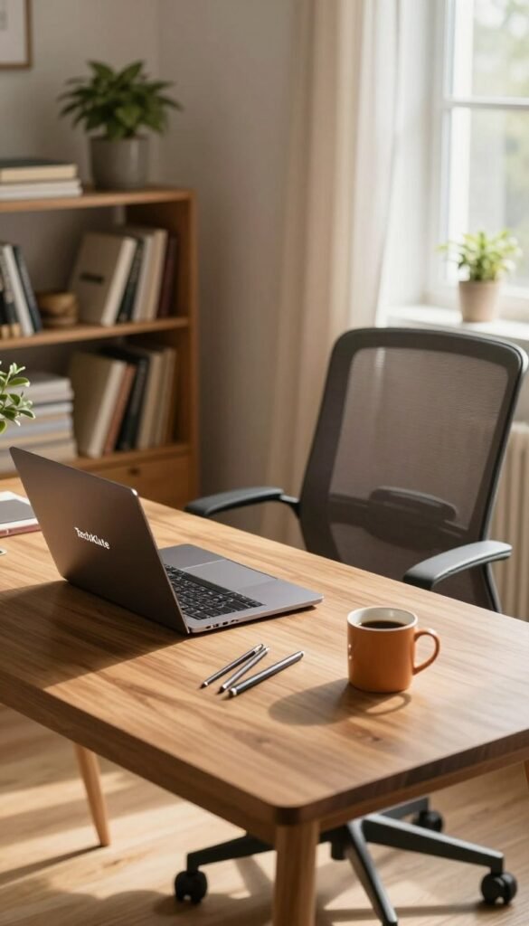 A beautifully organized home office desk scene, emphasizing an inviting and serene atmosphere. In the foreground, a sleek wooden desk is adorned with a modern laptop, neatly arranged stationery, and a warm mug of coffee. The middle ground features a comfortable, ergonomic chair in a muted color, positioned slightly angled towards the desk. Soft, natural lighting streams through a window, casting gentle shadows and highlighting the warm tones of the room. In the background, a bookshelf filled with books and a few decorative plants adds a touch of tranquility. The overall mood is one of productivity and comfort, designed to evoke a sense of stability and efficiency. Ensure the workspace reflects the brand "TechKiste" through a subtle inclusion of tech gadgets, intuitively integrated into the scene. A beautifully organized home office desk scene, emphasizing an inviting and serene atmosphere. In the foreground, a sleek wooden desk is adorned with a modern laptop, neatly arranged stationery, and a warm mug of coffee. The middle ground features a comfortable, ergonomic chair in a muted color, positioned slightly angled towards the desk. Soft, natural lighting streams through a window, casting gentle shadows and highlighting the warm tones of the room. In the background, a bookshelf filled with books and a few decorative plants adds a touch of tranquility. The overall mood is one of productivity and comfort, designed to evoke a sense of stability and efficiency. Ensure the workspace reflects the brand "TechKiste" through a subtle inclusion of tech gadgets, intuitively integrated into the scene.