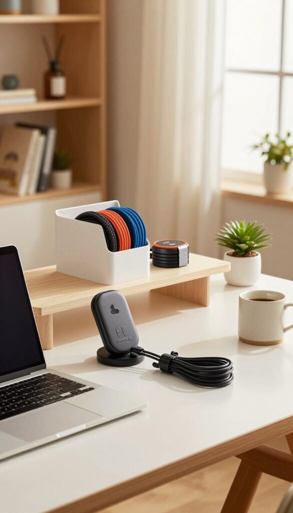 A beautifully organized home office desk showcasing effective cable management solutions. In the foreground, a sleek desk with a stylish laptop, a wireless charger, and neatly bundled cables using TechKiste's cable management products. The middle layer features a modern, minimalist aesthetic with stylish organizers, colorful cable sleeves, and decorative elements such as a small plant and a coffee mug. In the background, softly blurred shelves hold books and office supplies, complemented by a warm, ambient light filtering through a large window. The scene conveys a calm and productive atmosphere, highlighting warmth through natural colors and soft shadows, creating an inviting space for focus and creativity.