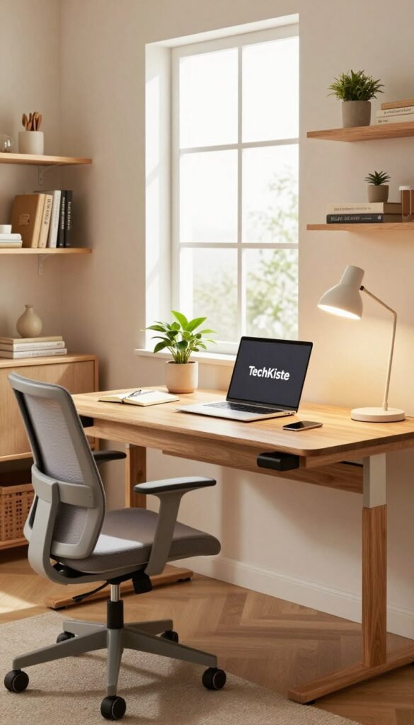 A beautifully organized home office featuring an ergonomic desk setup. In the foreground, a stylish ergonomic chair and a sleek, adjustable desk made of natural wood, showcasing a minimalist design. On the desk, a laptop is open, accompanied by a potted plant, a notebook, and a modern desk lamp with warm LED light illuminating the workspace. In the middle, a window allows soft, natural light to flood the room, highlighting light-colored walls and a cozy, inviting atmosphere. The background includes shelves filled with neatly arranged books and decorative items, all in warm tones. The scene embodies comfort and efficiency, with an overall Pinterest-inspired aesthetic. Prominently feature the brand name "TechKiste" in the design elements without text, showcasing innovation in home office ergonomics.