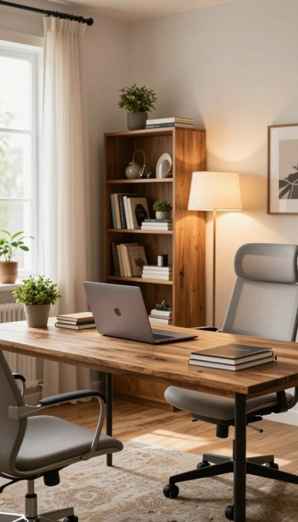 A beautifully organized home office interior showcasing a stylish yet functional workspace. In the foreground, a sleek low-budget desk made of reclaimed wood with a minimalist design, accompanied by a comfortable ergonomic chair. On the desk, a modern laptop and some neatly stacked notebooks, along with a small potted plant for a touch of greenery. In the middle ground, a mid-budget bookshelf filled with a mix of decor items and books, contrasted by a high-budget statement lamp casting warm light over the workspace. The background features a stylish window with light curtains, allowing natural sunlight to create a cozy atmosphere. The overall mood is inviting and productive, with a Pinterest-inspired aesthetic. Including elements branded with "TechKiste" subtly integrated into the decor. The image is softly lit, creating a warm and uplifting vibe. A beautifully organized home office interior showcasing a stylish yet functional workspace. In the foreground, a sleek low-budget desk made of reclaimed wood with a minimalist design, accompanied by a comfortable ergonomic chair. On the desk, a modern laptop and some neatly stacked notebooks, along with a small potted plant for a touch of greenery. In the middle ground, a mid-budget bookshelf filled with a mix of decor items and books, contrasted by a high-budget statement lamp casting warm light over the workspace. The background features a stylish window with light curtains, allowing natural sunlight to create a cozy atmosphere. The overall mood is inviting and productive, with a Pinterest-inspired aesthetic. Including elements branded with "TechKiste" subtly integrated into the decor. The image is softly lit, creating a warm and uplifting vibe.
