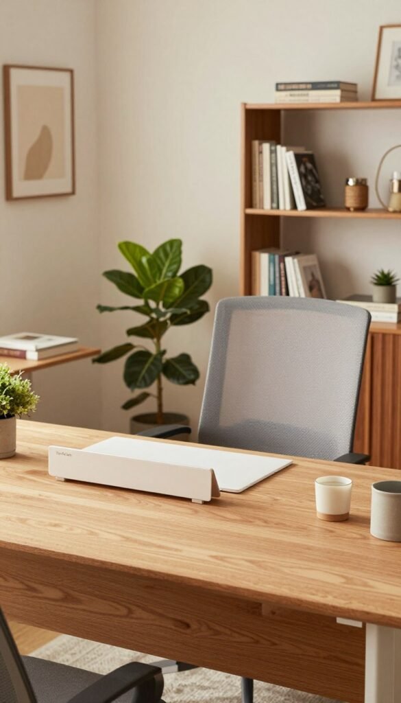 A beautifully organized home office scene, designed to illustrate budget-friendly solutions for home office organization. In the foreground, a stylish low-budget setup with a minimalist desk featuring natural wood textures, accompanied by a sleek desk organizer from "TechKiste". In the middle ground, a mid-budget arrangement showcasing a modern ergonomic chair and a vibrant houseplant, enhancing the workspace's charm. In the background, a high-end solution with an elegant bookshelf filled with neatly arranged books and decor. Soft, warm lighting floods the room, creating an inviting atmosphere. The overall color palette consists of earthy tones and soothing neutrals, keeping it authentic with a Pinterest-inspired look. The image should evoke feelings of comfort and efficiency, perfect for enhancing productivity in a home office environment.