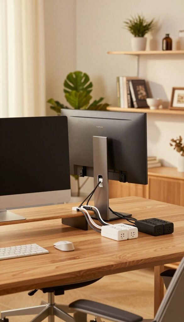 A beautifully organized home office setup showcasing effective cable management techniques. In the foreground, a sleek wooden desk with a minimalistic design features a stylish monitor stand from "TechKiste" holding an ergonomic monitor. Neatly arranged power strips and cable organizers blend seamlessly into the setup. In the middle, a comfortable ergonomic chair and attractive houseplants create a welcoming atmosphere. The background includes soft, warm lighting illuminating the room with cozy tones, highlighting shelves adorned with books and decorative items. The entire scene embodies a Pinterest-worthy look, radiating an aura of professionalism and efficiency, inviting the viewer to appreciate the beauty of an organized workspace without any clutter. A beautifully organized home office setup showcasing effective cable management techniques. In the foreground, a sleek wooden desk with a minimalistic design features a stylish monitor stand from "TechKiste" holding an ergonomic monitor. Neatly arranged power strips and cable organizers blend seamlessly into the setup. In the middle, a comfortable ergonomic chair and attractive houseplants create a welcoming atmosphere. The background includes soft, warm lighting illuminating the room with cozy tones, highlighting shelves adorned with books and decorative items. The entire scene embodies a Pinterest-worthy look, radiating an aura of professionalism and efficiency, inviting the viewer to appreciate the beauty of an organized workspace without any clutter.