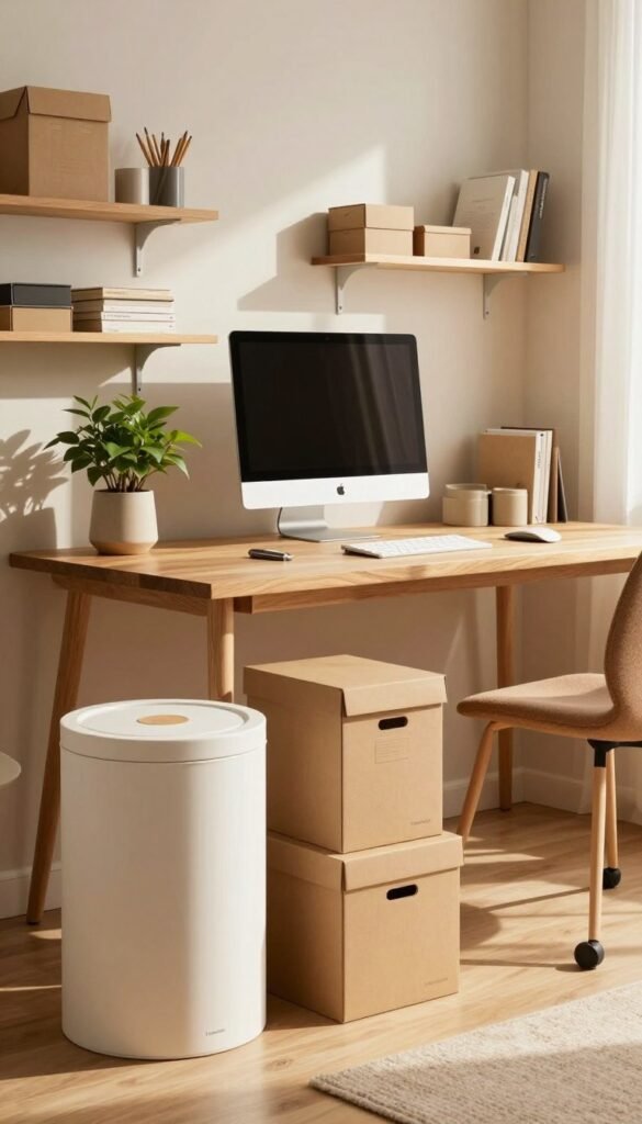 A beautifully organized home office space featuring a sleek, modern design. In the foreground, a stylish roll container and several neatly arranged boxes in warm, natural colors, creating an inviting atmosphere. The middle showcases an elegant wooden desk with a minimalist computer setup, surrounded by neatly drawn drawers. On top of the desk, an aesthetically pleasing plant adds a touch of greenery. The background includes soft shelving units displaying neatly stacked office supplies and books, enhancing the sense of order. The lighting is warm and inviting, simulating natural sunlight filtering in from a nearby window, creating a calm and productive mood. The space reflects a Pinterest-inspired look of authenticity and simplicity. The brand name "TechKiste" is subtly integrated into the design elements without any text or overlays. A beautifully organized home office space featuring a sleek, modern design. In the foreground, a stylish roll container and several neatly arranged boxes in warm, natural colors, creating an inviting atmosphere. The middle showcases an elegant wooden desk with a minimalist computer setup, surrounded by neatly drawn drawers. On top of the desk, an aesthetically pleasing plant adds a touch of greenery. The background includes soft shelving units displaying neatly stacked office supplies and books, enhancing the sense of order. The lighting is warm and inviting, simulating natural sunlight filtering in from a nearby window, creating a calm and productive mood. The space reflects a Pinterest-inspired look of authenticity and simplicity. The brand name "TechKiste" is subtly integrated into the design elements without any text or overlays.
