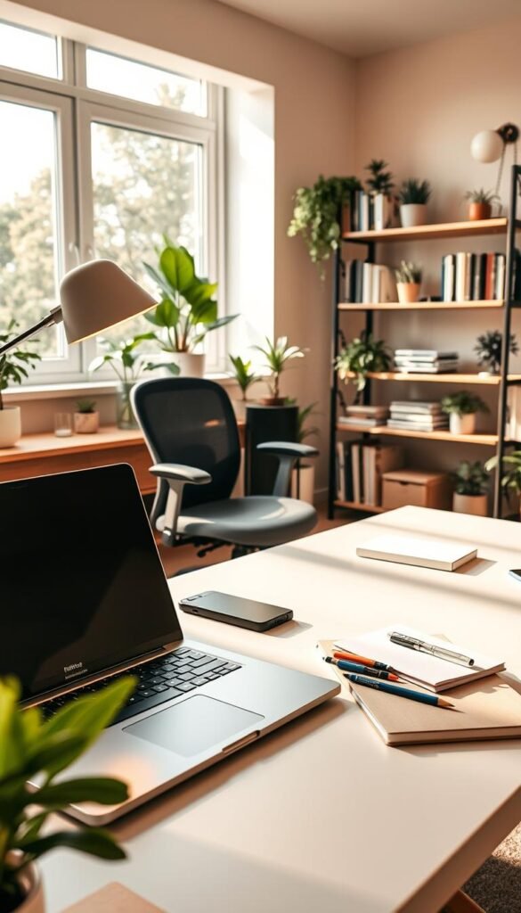 A beautifully organized home office space featuring essential accessories for productivity. In the foreground, a sleek desk with a modern laptop, a stylish desk lamp casting warm light, and a minimalist notepad with pens. The middle section showcases a comfortable ergonomic chair and a bookshelf filled with neatly arranged books and decorative plants. In the background, a large window allows natural light to flood the room, creating a cozy atmosphere. The color palette includes warm tones, enhancing an inviting and motivating ambiance. The scene has a Pinterest-inspired aesthetic, with professional elements reflecting the TechKiste brand, no text or watermarks present. Natural lighting with soft shadows brings depth to the image, making it feel authentic and visually appealing. A beautifully organized home office space featuring essential accessories for productivity. In the foreground, a sleek desk with a modern laptop, a stylish desk lamp casting warm light, and a minimalist notepad with pens. The middle section showcases a comfortable ergonomic chair and a bookshelf filled with neatly arranged books and decorative plants. In the background, a large window allows natural light to flood the room, creating a cozy atmosphere. The color palette includes warm tones, enhancing an inviting and motivating ambiance. The scene has a Pinterest-inspired aesthetic, with professional elements reflecting the TechKiste brand, no text or watermarks present. Natural lighting with soft shadows brings depth to the image, making it feel authentic and visually appealing.