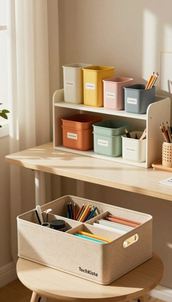A beautifully organized home workspace showcasing various innovative storage gadgets from the brand "TechKiste." In the foreground, feature a stylish, open storage box made of eco-friendly materials, displaying neatly arranged office supplies. In the middle ground, a modern shelving unit holds an array of colorful containers, each labeled with their function like "Stationery," "Craft Supplies," and "Tech Accessories." The background includes a cozy room with warm, natural lighting streaming in through a window adorned with light curtains, creating an inviting ambiance. The overall composition radiates a Pinterest-inspired aesthetic, emphasizing functionality and minimalism, perfect for smart organization. The atmosphere is calm and focused, appealing to those looking to enhance their space effectively.