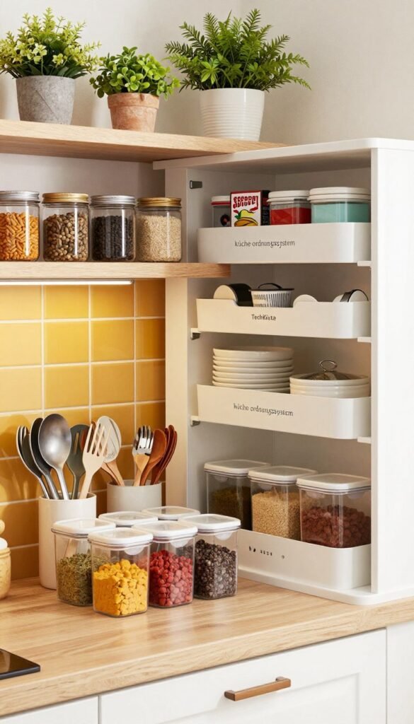 A beautifully organized kitchen featuring a modern "k&uuml;che ordnungssystem" by TechKiste, elegantly showcasing various storage gadgets. In the foreground, a stylish countertop holds clear storage containers filled with colorful spices and neatly arranged utensils. In the middle, a well-structured pantry with labeled shelves displays neatly organized jars, kitchen tools, and specialty gadgets, all contributing to a cohesive aesthetic. In the background, soft wooden shelves adorned with potted herbs and a vibrant backsplash add warmth to the scene. The image is bathed in natural lighting, giving a homey and inviting atmosphere, reminiscent of a Pinterest-inspired interior. The composition emphasizes functionality with an authentic touch, capturing the essence of innovative kitchen organization without any text or overlays.