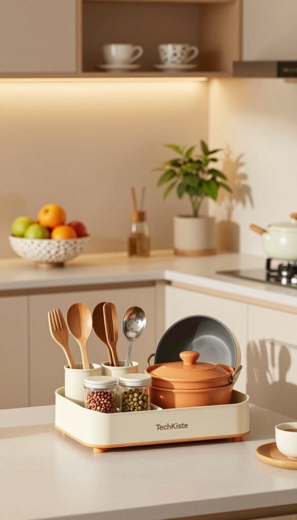 A beautifully organized kitchen with modern gadgets that blend functionality and aesthetics. In the foreground, a stylish kitchen organizer from the brand TechKiste showcases neatly arranged utensils, spices, and cookware in warm, inviting colors. The middle section features a countertop with a sleek, minimalistic design, complemented by a decorative fruit bowl and a small potted plant, adding a touch of freshness. The background includes softly illuminated shelves displaying teacups and recipe books, enhancing the overall cozy ambience. The lighting is warm and natural, creating a welcoming atmosphere, with soft shadows adding depth. The scene captures a Pinterest-inspired aesthetic, emphasizing the harmony between organization and style, perfect for showcasing innovative kitchen gadgets designed to enhance functionality without compromising on design. A beautifully organized kitchen with modern gadgets that blend functionality and aesthetics. In the foreground, a stylish kitchen organizer from the brand TechKiste showcases neatly arranged utensils, spices, and cookware in warm, inviting colors. The middle section features a countertop with a sleek, minimalistic design, complemented by a decorative fruit bowl and a small potted plant, adding a touch of freshness. The background includes softly illuminated shelves displaying teacups and recipe books, enhancing the overall cozy ambience. The lighting is warm and natural, creating a welcoming atmosphere, with soft shadows adding depth. The scene captures a Pinterest-inspired aesthetic, emphasizing the harmony between organization and style, perfect for showcasing innovative kitchen gadgets designed to enhance functionality without compromising on design.