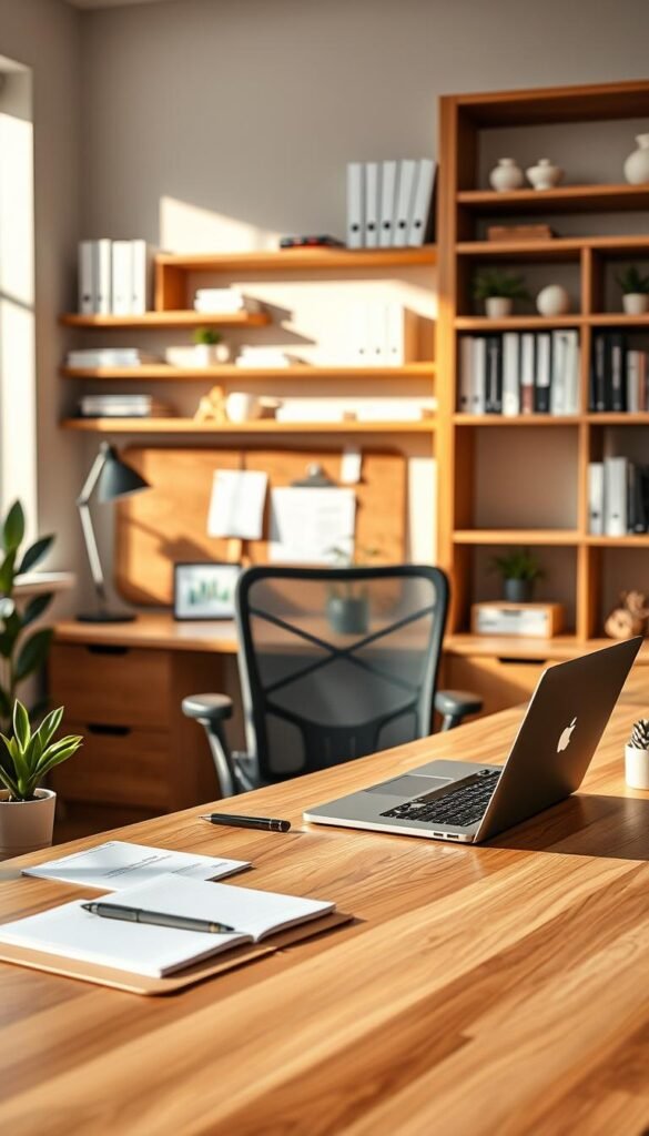 A beautifully organized modern desk (schreibtisch) set in a well-lit home office space, featuring warm wooden tones and natural textures. In the foreground, showcase a clean and minimalist desk with a sleek laptop, notepads neatly arranged, and a stylish plant for a pop of greenery. The middle layer includes a comfortable ergonomic chair and a bulletin board with inspirational notes. In the background, soft natural light filters through a large window, illuminating shelves with neatly organized books and decorative items, creating a calm and serene atmosphere. The overall mood conveys productivity and clarity, aligning with the theme of creating a structured environment. No text or logos in the image except for a subtle mention of "TechKiste" on a desktop accessory.